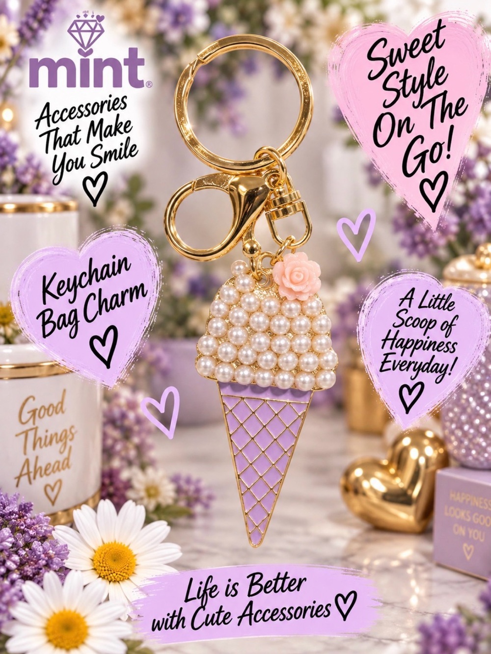 Pearl Embellished Ice Cream Cone Keychain Bag Charm - Lavender